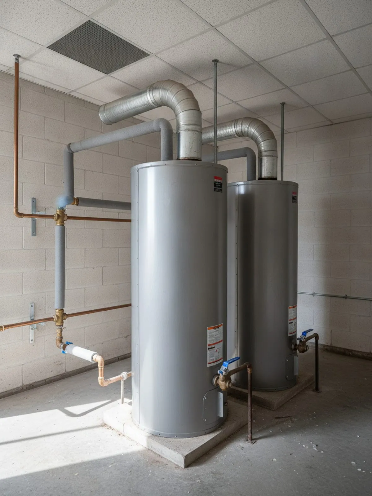 Two commercial gas water heaters on concrete pads in a mechanical room, flues to the ceiling and seismic strut bracing