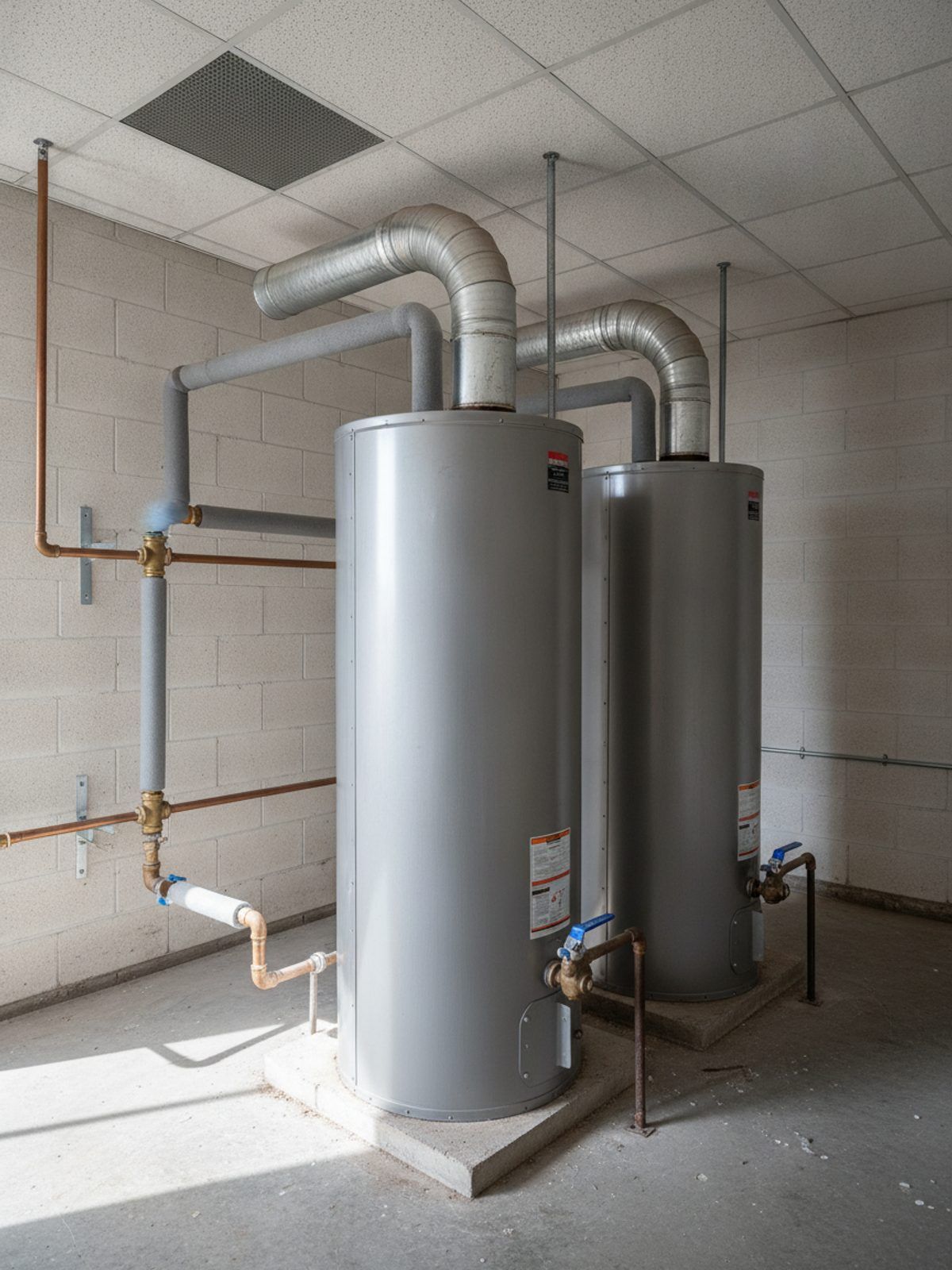 Two commercial gas water heaters on concrete pads in a mechanical room, flues to the ceiling and seismic strut bracing