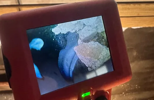 Inspection camera monitor held in one hand showing the inside of a pipe on its screen