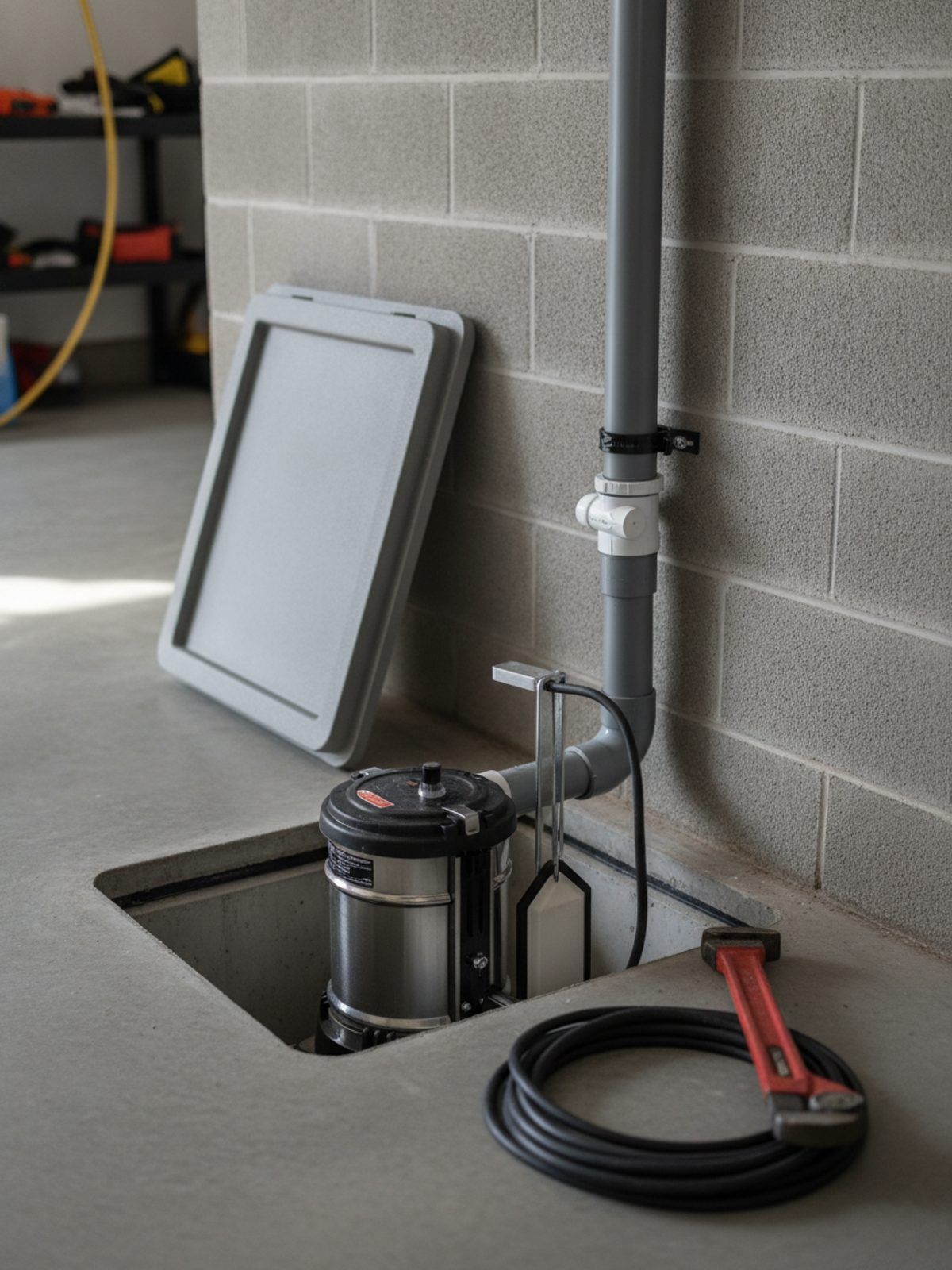 Submersible sump pump in an open basin set into a garage slab, discharge pipe with a check valve running up the wall