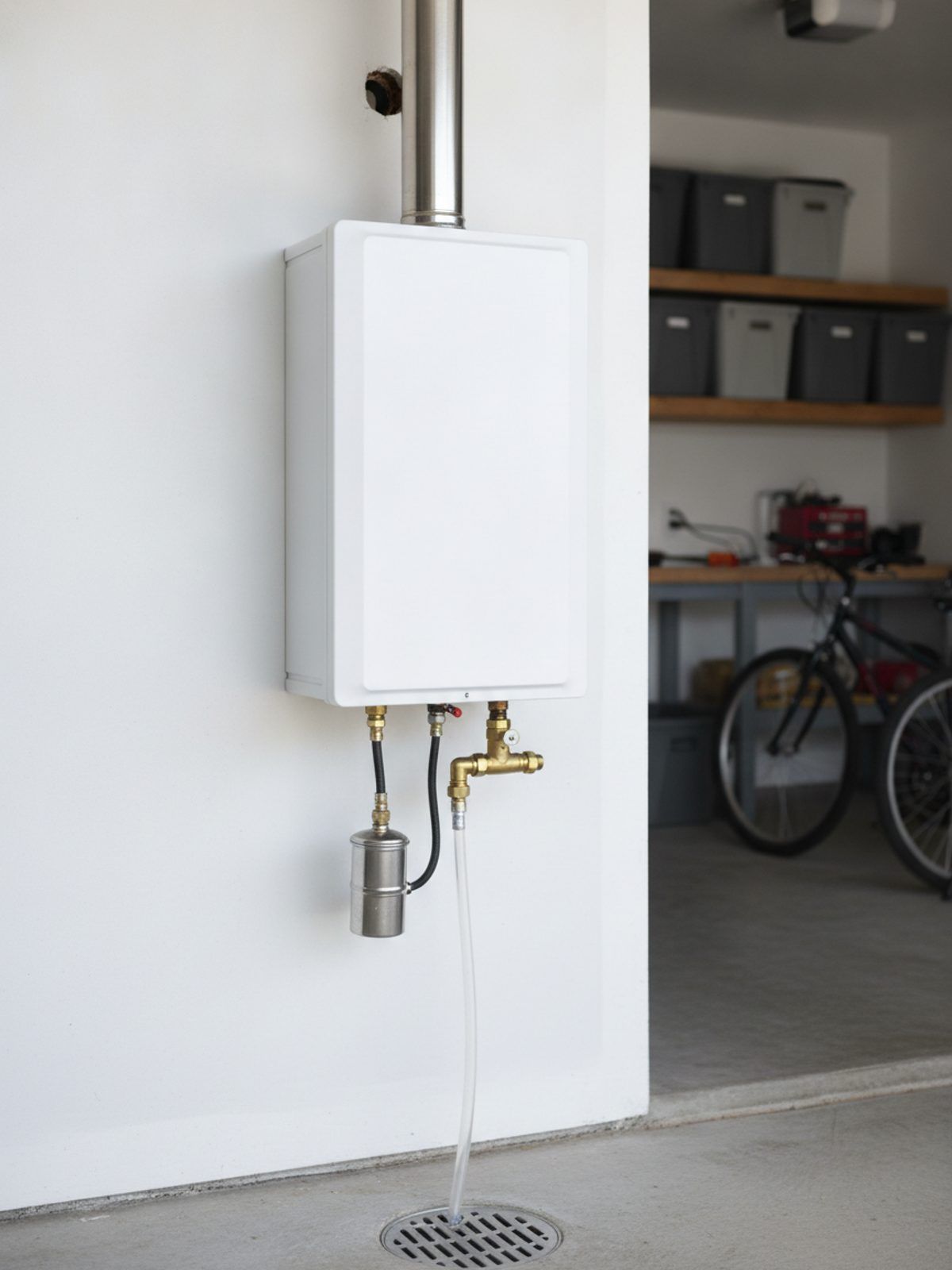 Wall-mounted tankless gas water heater in a garage with its vent through the wall, isolation service valves and a condensate line to the floor drain