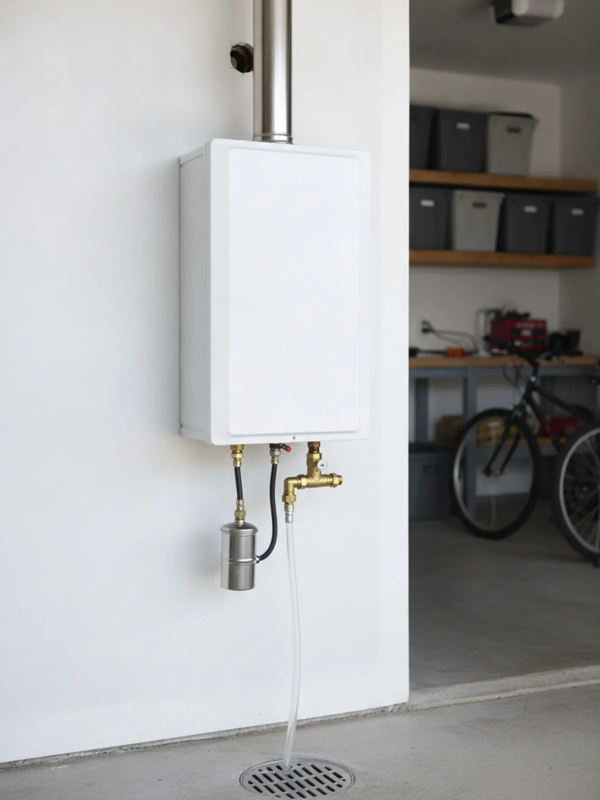 Wall-mounted tankless gas water heater in a garage with its vent through the wall, isolation service valves and a condensate line to the floor drain