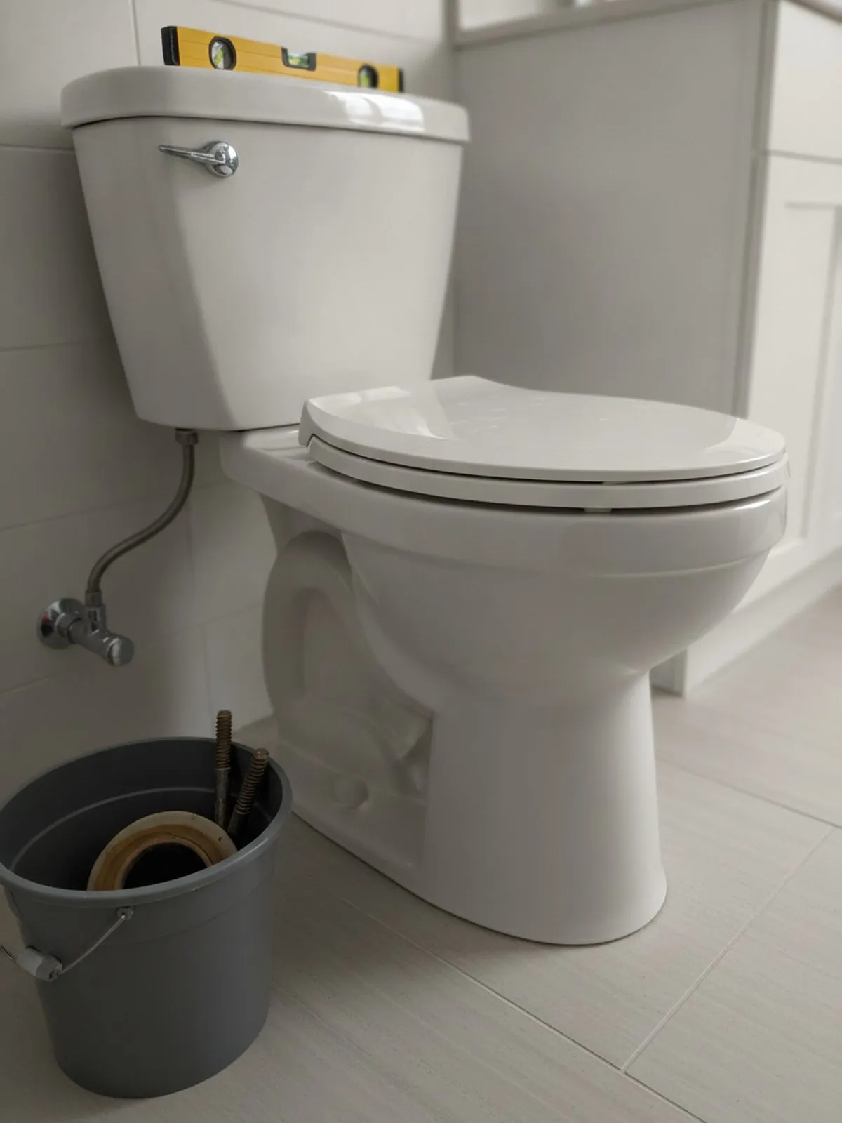 Newly set toilet with a level resting on the tank and the old wax ring and closet bolts in a bucket alongside