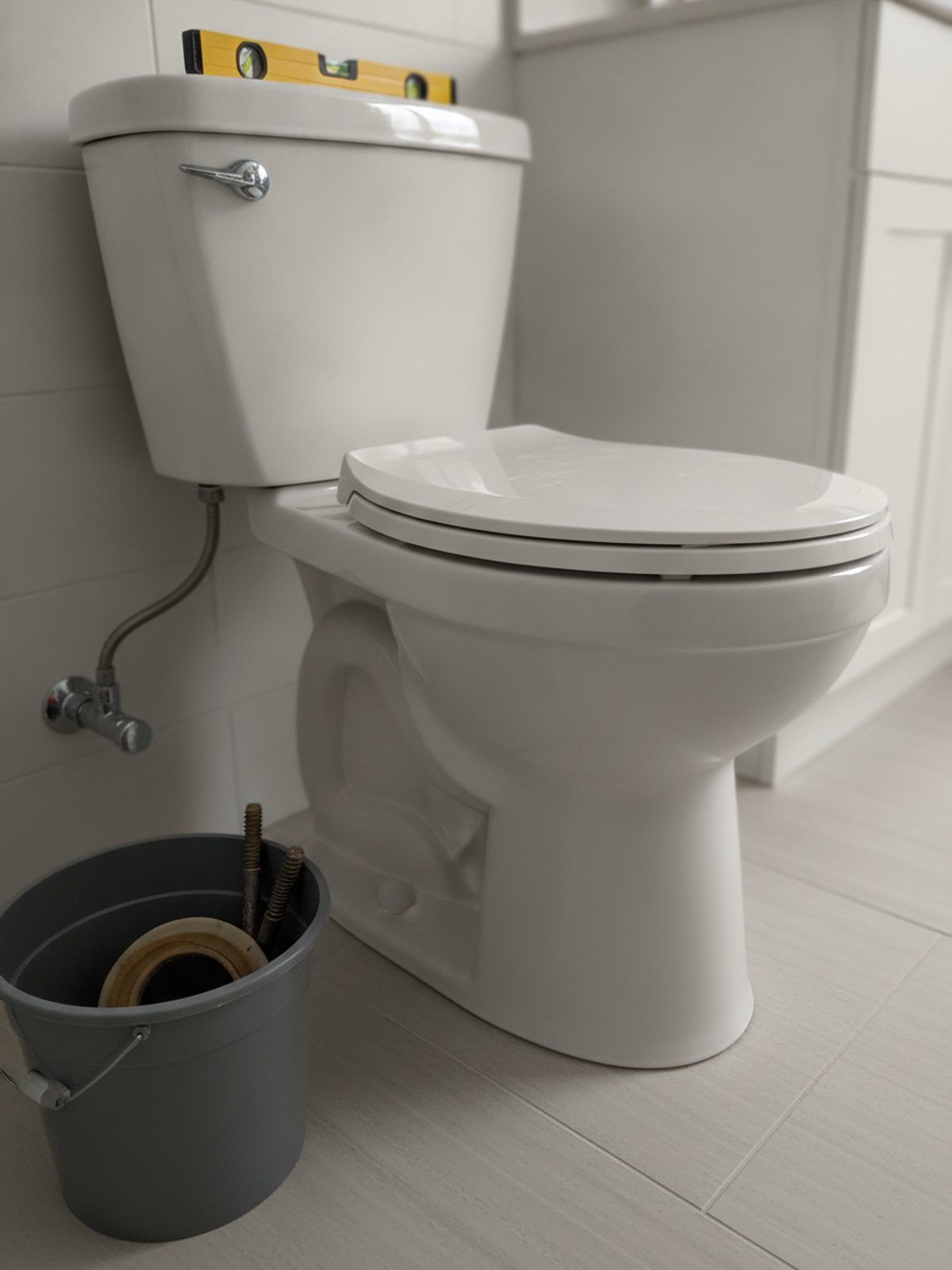 Newly set toilet with a level resting on the tank and the old wax ring and closet bolts in a bucket alongside